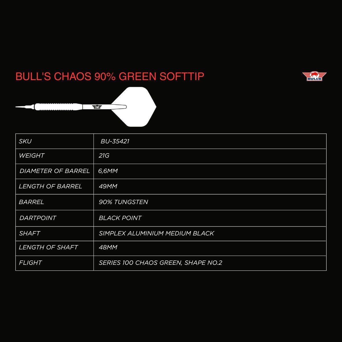 Bull's Chaos 90% Green Softtip 21g Dartpiler