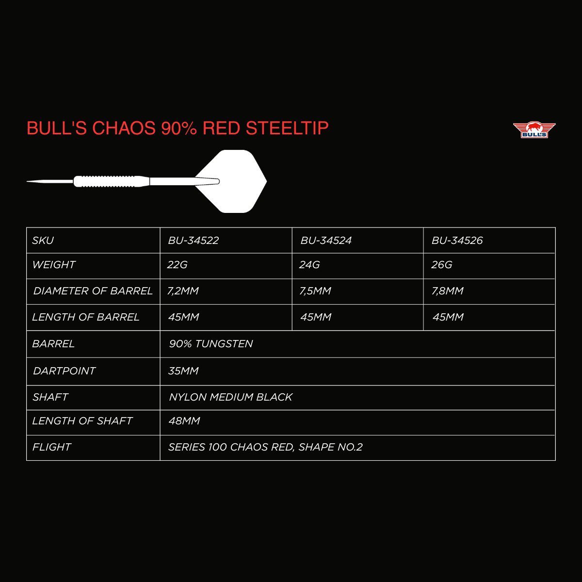 Bull's Chaos Red 90% Tungsten Dartpiler 